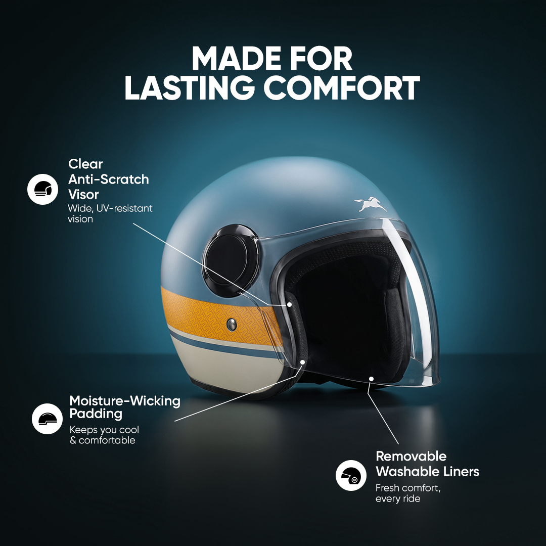 TVS Silk Route Helmet for Men & Women | Vintage Open Face Helmet with Clear Visor | ISI & DOT Certified | ABS Shell | EPS Liner | Retro Stylish Helmet for City & Highway Riding
